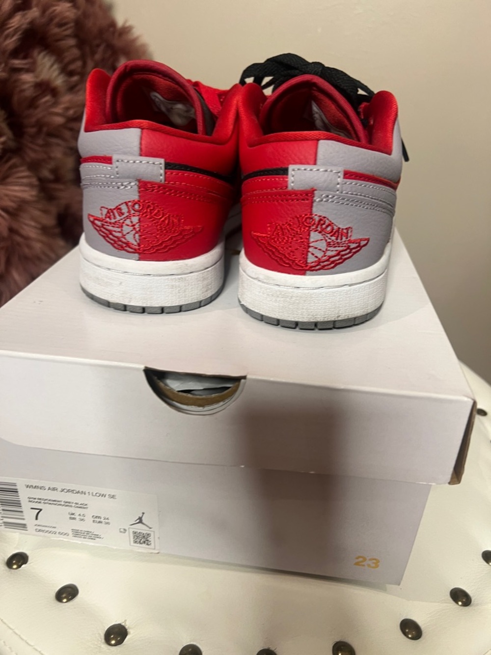 Women’s Red, Black & Gray Low-Top Jordan 1 Sneakers - Picture 2 of 5
